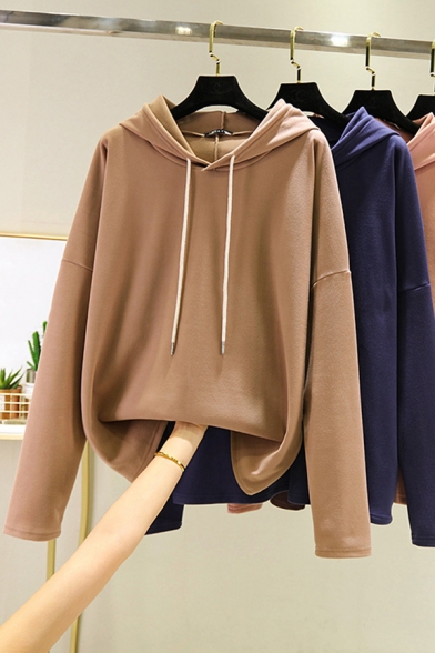 Basic Women's Hoodie Solid Color Long Sleeves Relaxed Fit Drawstring Hooded Sweatshirt