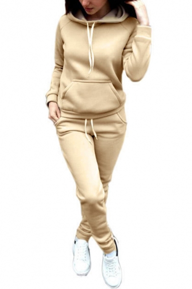 Casual Womens Set Solid Color Long Sleeve Drawstring Relaxed Fit Hoodie & Fit Sweatpants Set
