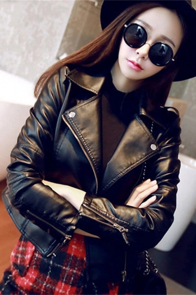 Chic Girls Leather Jacket Long Sleeve Notched Collar Zip Up Regular Jacket in Black