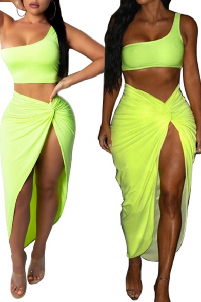 Chic Girls Set One Shoulder Fitted Crop Tank & Tied Mid Sheath Skirt Solid Set