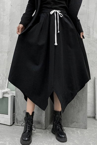 Cool Girls Skirt Drawstring Waist Irregular Hem Mid A-line Skirt in Black