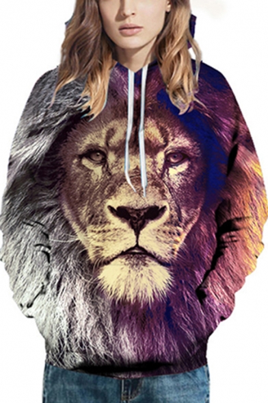 Cool Mens Hoodie Lion 3D Printed Contrasted Long Sleeve Drawstring Pouch Pocket Loose Hoodie in Brown