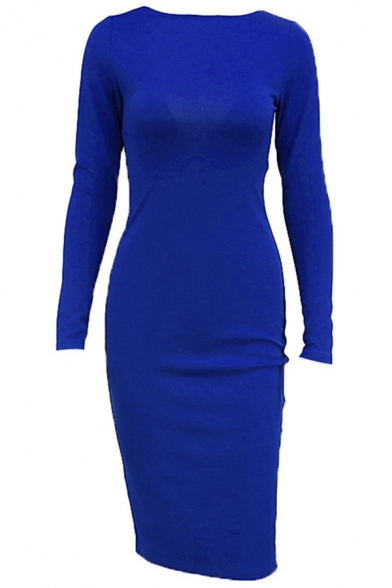 Creative Women's Bodycon Dress Solid Color Zip Back Square Neck Long Sleeves Slim Fitted Midi Bodycon Dress