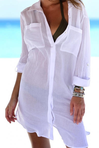 Creative Womens Shirt Solid Color Split Side Button up Tunic Turn-down Collar Loose Fit Long Sleeve Beach Cover up Shirt