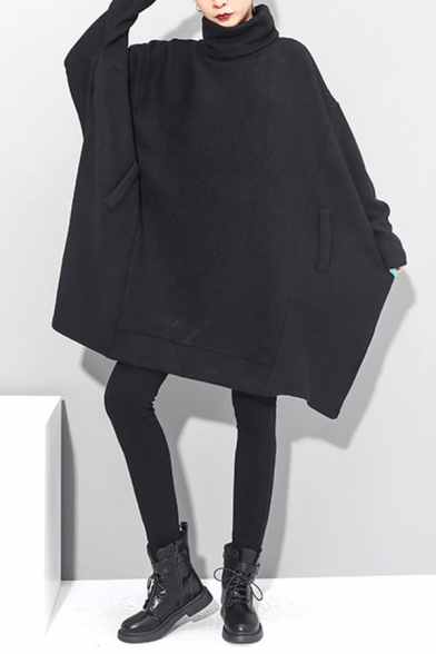 Dark Womens Black Dress Batwing Sleeve High Neck Short Oversize T Shirt Dress