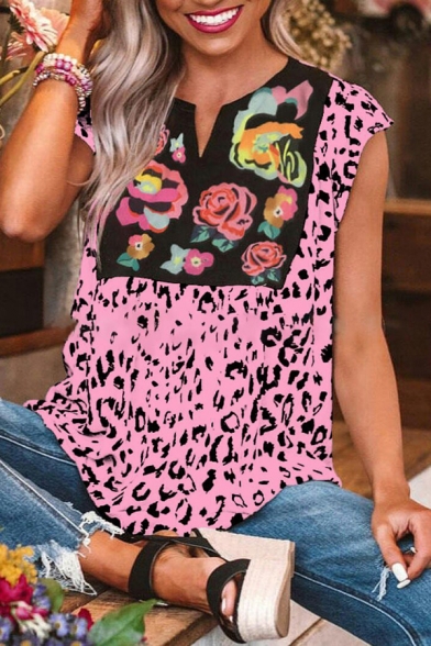 Elegant Women's Tee Top Floral Embroidered Leopard Print Patchwork Pleated Detail Contrast Panel V Neck Short Sleeves Regular Fitted T-Shirt