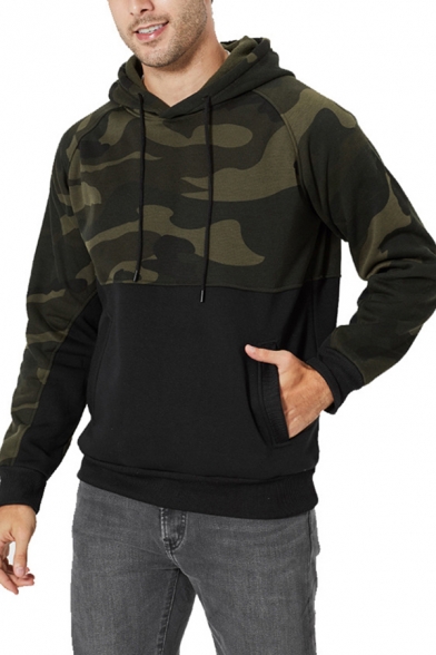 Fancy Men's Hoodie Contrast Camo Print Side Pocket Long Sleeves Regular Fitted Drawstring Hooded Sweatshirt