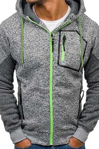 Fancy Men's Hoodie Heathered Contrast Stitching Side Pocket Zip Detail Long Sleeves Raglan Regular Fitted Drawstring Hooded Sweatshirt