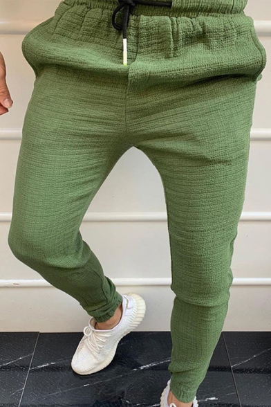 Fancy Men's Pants Solid Color Cotton and Linen Drawstring Elastic Waist Ankle Length Skinny Pants