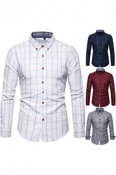 Fancy Men's Shirt Plaid Pattern Button Closure Turn-down Collar Long Sleeves Regular Fitted Shirt