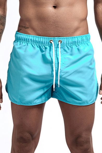 Fancy Men's Shorts Solid Color Drawstring Low Waist Asymmetrical Hem Quick Dry Regular Fitted Shorts