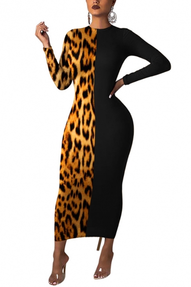 Fancy Women's Bodycon Dress Contrast Panel Leopard Stripe Round Neck Long Sleeves Maxi Bodycon Dress