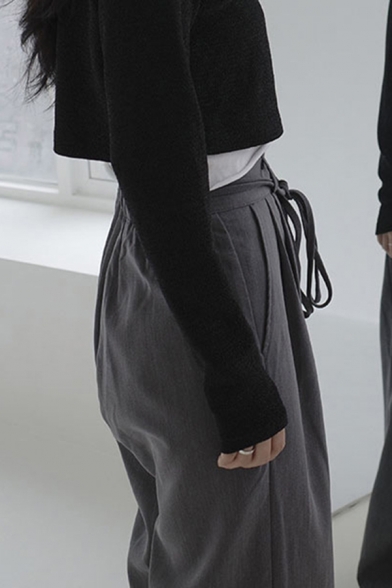 Fancy Women's Pants Plain Side Pocket Pleated Detail Drawstring Waist Long Wide Leg Pants