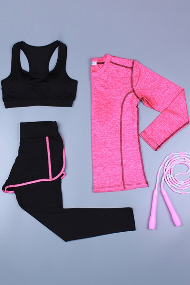 Fitness Ladies Set Contrast Piped Long Sleeve Crew Neck Fit T-shirt & Leggings & Crop Tank Set