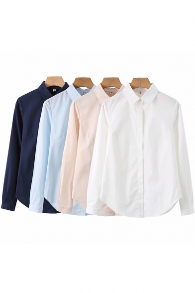 Formal Solid Color Shirt Long Sleeve Point Collar Button Up Loose Fit Shirt for Women