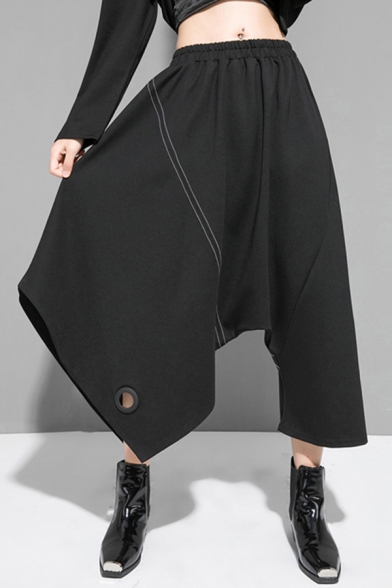 Girls Black Pants Elastic Waist Contrast Stitch Hollow Out Cropped Asymmetric Baggy Unique Pants