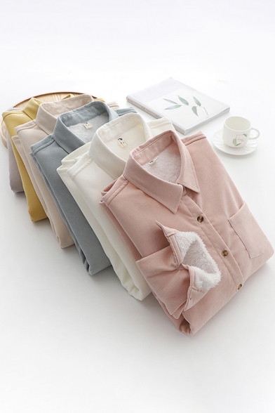 Girls Leisure Solid Color Shirt Sherpa Liner Long Sleeve Point Collar Button-up Relaxed Shirt Top