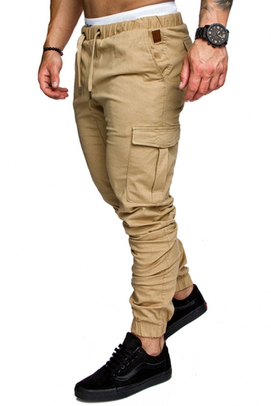 Leisure Mens Pants Solid Color Flap Pockets Drawstring Low Waist Banded Cuffs Regular Fitted Ankle Length Pants