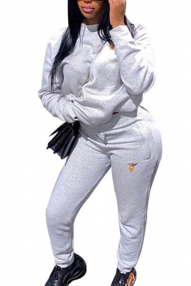 Leisure Women's Sweatshirt Embroidered Crew Neck Long-sleeved with High Drawstring Waist Pants Stacked Co-ords