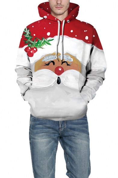 Men Long Sleeve Merry Christmas Print Drawstring Kangaroo Pocket Pullover Hooded Sweatshirt