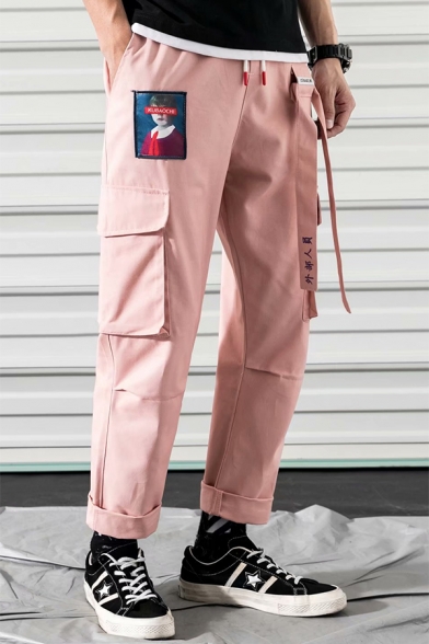 Mens Street Fashion Figure Letter Printed Tied Patched Rolled Cuff Casual Loose Straight Cargo Pants