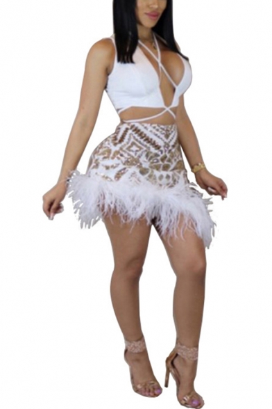 Party Womens Set Halter Crisscross Fitted Crop Tank & Sequins Fringe Skirt Set
