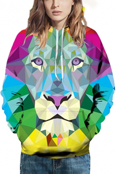 Pretty Mens Hoodie Colorful Lion 3D Pattern Long Sleeve Drawstring Relaxed Fit Hoodie in Pink-green