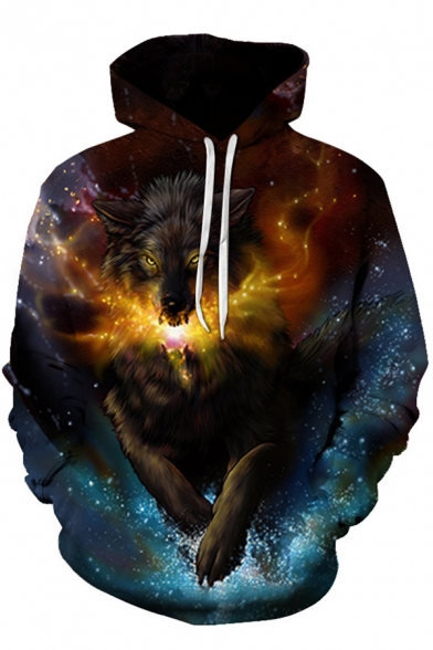 Retro Men's Hoodie Wolf Moon Galaxy 3D Pattern Front Pocket Long Sleeves Regular Fitted Drawstring Hooded Sweatshirt