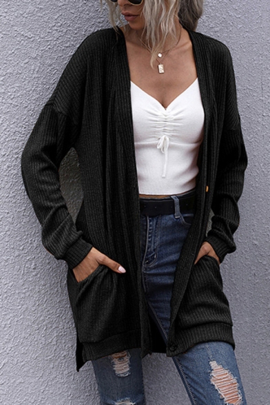 Solid Color Long Sleeve Button-up Slit Side Knitted Long Simple Cardigan for Women