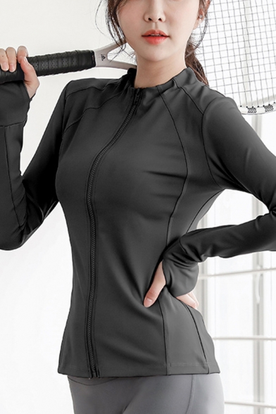 Sportswear Womens Jacket Plain Long Sleeve Stand Collar Zipper Front Regular Fit Jacket