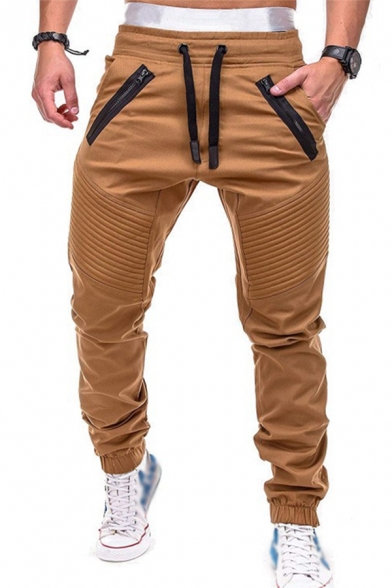 Sporty Mens Pants Solid Color Panel Pleated Design Zip Pockets Drawstring Low Waist Long Straight Pants