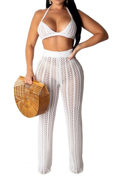 Stylish Set Solid Color Halter Hollow Out Knitted Fit Crop Top & Straight Pants Set for Women