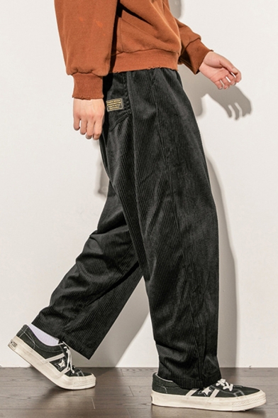 Trendy Mens Pants Solid Color Corduroy Side Pocket Label Patched Elastic Waist Zip Fly Wide-Leg Long Pants