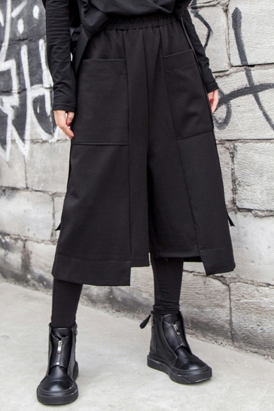 Trendy Womens Pants Elastic Waist Patchwork Wide-leg Capri Pants in Black
