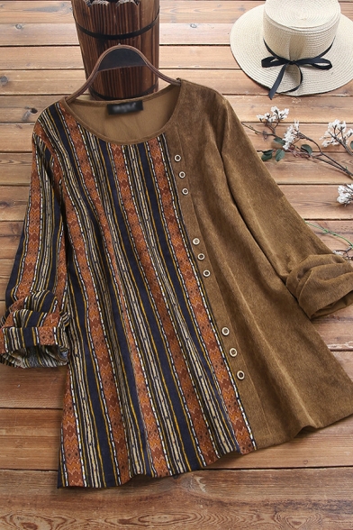 Unique Womens Blouse Patchwork Contrast Tribal Panel Round Neck Long Sleeves Relaxed Fit Pullover Blouse