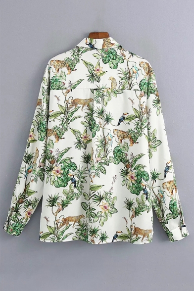 Bamboo Bird Printed Lapel Collar Long Sleeve Shirt