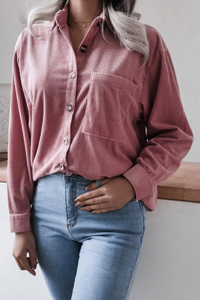 Basic Shirt Corduroy Long Sleeve Spread Collar Button Up Chest Pocket Plain Loose Shirt for Women