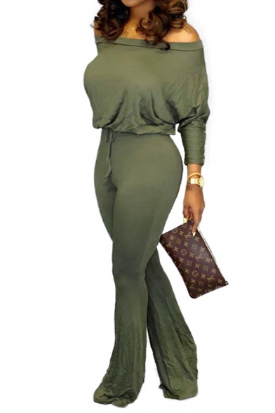 Basic Women's Jumpsuit Solid Color One Shoulder Long Sleeves Drawstring Waist Long Flare Cuffs Jumpsuit
