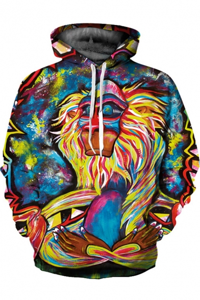 Blue-yellow Hoodie Oil Painting Cartoon 3D Pattern Long Sleeve Drawstring Relaxed Cool Hoodie for Men