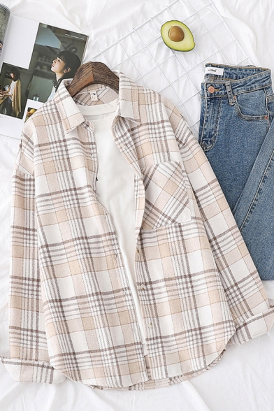 Classic Shirt Plaid Pattern Long Sleeve Point Collar Button Up Relaxed Shirt for Women