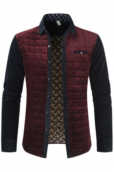 Elegant Men's Jacket Contrast Panel Patchwork Quilted Detail Chest Pocket Button-down Long-sleeved Turn-down Collar Regular Fitted Jacket