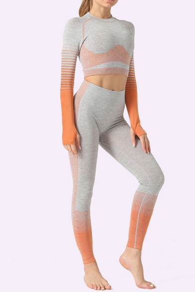 Women's Yoga Set Long-sleeved Fitted Tee Top with High Waist Ankle Length Leggings