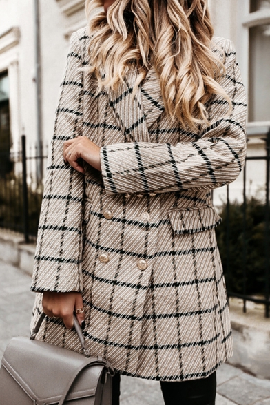 Elegant Womens Coat Plaid Print Long Sleeve Notched Collar Double Breasted Regular Wool Coat