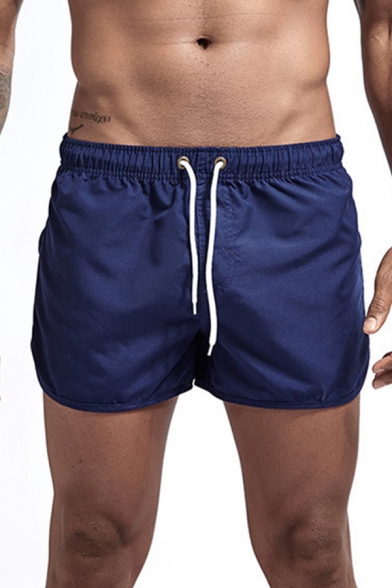 Fancy Men's Shorts Solid Color Drawstring Low Waist Asymmetrical Hem Quick Dry Regular Fitted Shorts