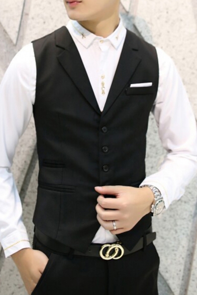 Fancy Mens Suit Vest Solid Color Button-down Notched Lapel Collar Sleeveless Slim Fitted Suit Vest