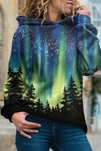 Fancy Women's Hoodie Landscape Northern Lights Forests Sky Pattern Banded Cuffs Long Sleeves Loose Fitted Hooded Sweatshirt