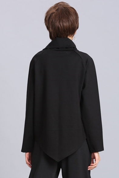 Ladies Cool Tee Top Black Long Sleeve Asymmetric Neck Zip Up Irregular Hem Relaxed T Shirt