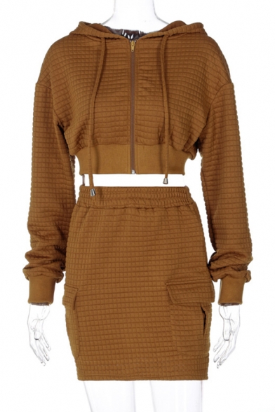 Leisure Women's Co-ords Solid Color Banded Hem Long Sleeves Zip Closure Drawstring Hooded Sweatshirt with Flap Pocket Mini Skirt