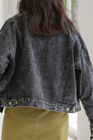 Leisure Women's Denim Jacket Button Closure Flap Pocket Long Sleeves Regular Fitted Denim Jacket