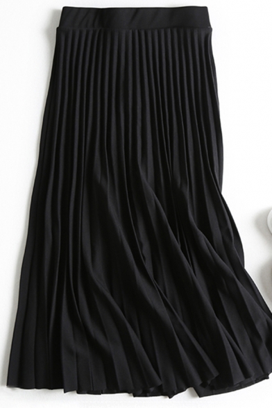 Leisure Women's Skirt Solid Color Pleated High Waist Midi A-Line Skirt